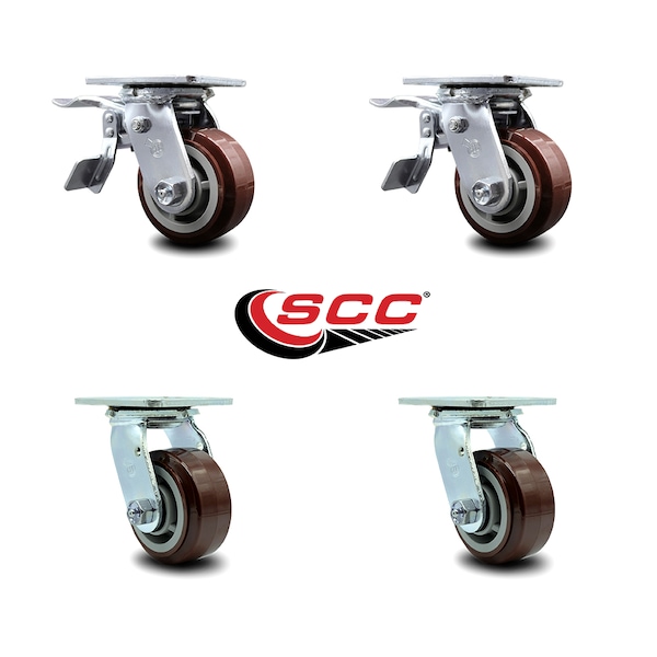 4 Inch Polyurethane Swivel Caster Set with Roller Bearing 2 Total Lock Brake SCC